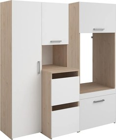 Mebel pod pralkę z szafkami i słupkiem do przechowywania – Jasny naturalny i biały – S156 x W184 – ERKANO