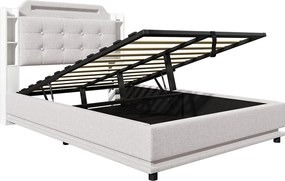 Łóżko ze schowkiem 140x200 cm Łóżko dla dorosłych z diodami LED i USB, tapicerowany zagłówek – beżowy len (bez materaca)