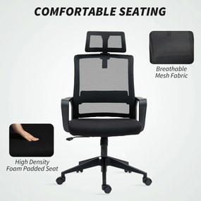 HOMCOM Fotel Biurowy, Regulowany Fotel z Podpórką Głowy, Obrotowe Krzesło do Home Office, Czarny