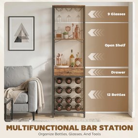 HOMCOM Szafka barowa z szufladą, przemysłowy barek, regał na 12 butelek, uchwyt na kieliszki, rustykalny brąz | Aosom PL