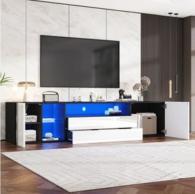 Szafka RTV - 180 x 40 x 45 cm - z diodami LED + 2 szuflady + 2 drzwi - do TV 75 cali - Płyta wiórowa + szkło hartowane - czarna