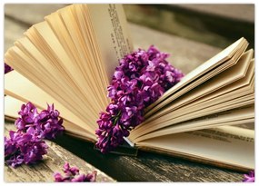 Obraz na szkle - książka i fioletowe kwiaty (70x50 cm)
