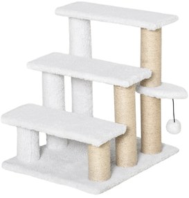 PawHut Schody dla psa i kota z drapakiem 3 poziomy białe 45x40x48 cm plusz juta rampy do łóżka legowisko słupek z piłeczką dla małych psów | Aosom PL