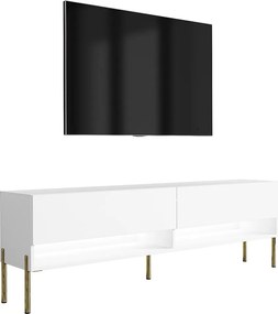 Szafka pod telewizor 170 cm Biały Mat, nóżki proste złote, LED biały, 170 × 32 × 52 cm