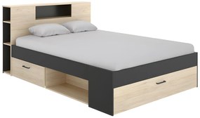 Łóżko LEANDRE z zagłówkiem, skrzyniami i szufladami - 160x200 cm - Kolor: naturaly i antracyt - LEANDRE
