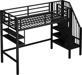 Łóżko antresolowe 90x200 cm, Łóżko młodzieżowe z barierkami i półkami, metalowe - czarne (bez materaca)