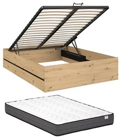 Łóżko ze skrzynią 140 x 190 cm - Naturalny i czarny + Materac - LUDARO