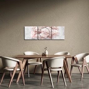 Obraz - Różowe kwiaty na ścianie (z zegarem) (90x30 cm)
