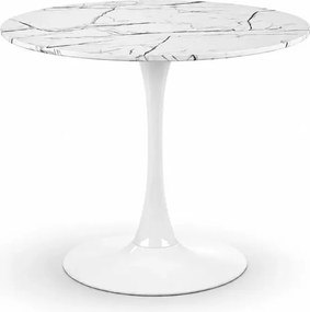 Stół okrągły Vejle 80 cm biały marmur – nowoczesny glamour, MDF, stalowa podstawa