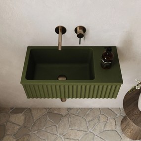 Umywalka betonowa ryflowana nablatowa / wisząca prostokątna 60 x 30 cm WELLE | różne kolory : Kolor - Oliwkowy, Typ montażu - podwieszana