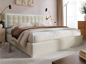 Łóżko ze schowkiem 160 x 200 cm - skóra ekologiczna - diody LED - stelaż listwowy - białe