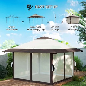Outsunny 4 x 4 m Pawilon Ogrodowy z Siatkowymi Ścianami, Ochrona UPF50+, Regulowana Wysokość, Namiot Imprezowy, Beżowy