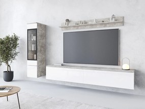 Zestaw mebli do salonu 3 elementy z LED – szafka RTV 180 cm witryna i półka, korpus beton mat, fronty biały połysk