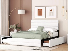 Łóżko dwuosobowe 140x200cm z tkaniny lnianej - z łóżkiem wysuwanym 90x190cm i 2 szufladami - regulowane wezgłowie - Białe