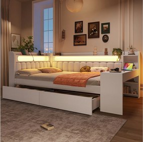 Sofa dziecięca rozkładana - 140 x 200 cm - z diodami LED + USB + biurko + 2 szuflady - płyta MDF + pościel - biała