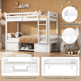 Łóżko piętrowe dla dzieci - 2x90x200 cm - 2 szafki i półki na buty - białe