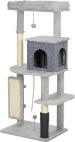PawHut 132 cm Drapak dla Kotów z Słupkami do Drapania, Łóżkiem, Domkiem, Platformami do Skakania, Szczotką do Pielęgnacji, Jasnoszary