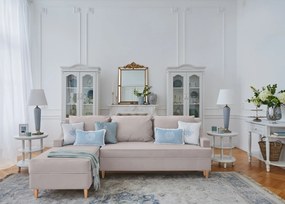 Narożnik rozkładany do salonu Notting Hill, z pojemnikami na pościel. Tkanina Matt Velvet odporna na wchłanianie płynów, kolor beżowy, błękitny, z kedrą.