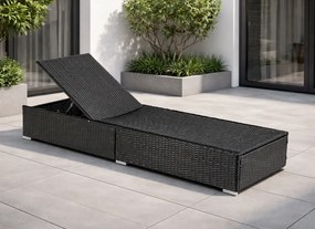 Leżak ogrodowy z regulowanym oparciem Brizo, czarny technorattan/brązowa poduszka