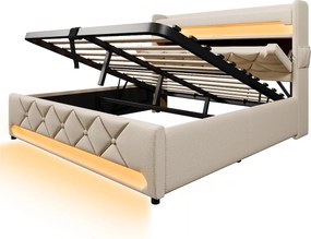 Tapicerowane łóżko z pojemnikiem 180x200 cm - z LED i portami ładowania USB - Tkanina lniana - Wezgłowie z przestrzenią do przechowywania - Beżowy