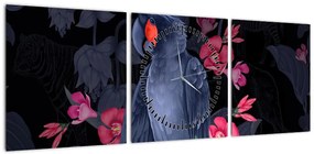 Obraz - Papuga wśród kwiatów (z zegarem) (90x30 cm)