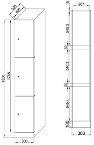 Szafka skrytkowa, 3 schowki, 1850 x 300 x 500 mm, zamek RFID, drzwi ciemnoszare