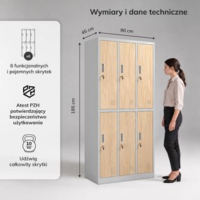 Szafka socjalna ubraniowa BHP szara / dąb sonoma 6-drzwiowa: Eco Design IGOR, 900 x 1850 x 450 mm
