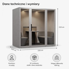 Budka akustyczna do biura INBOX 4-osobowa 2200 x 2200 x 1220 mm
