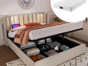 Łóżko ze schowkiem 140 x 200 cm - lampka do czytania i USB - tkanina lniana - kolor naturalny + materac