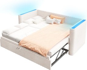Rozkładana sofa 90/180x200cm - z wysuwane łóżko - z listwą LED - z stelażem lamelowym - welur - beżowy​ (materac nie jest wliczony w cenę)