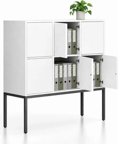Szafa biurowa FRAME, niska, czarna podstawa, 6x drzwi, 1299 x 450 x 1331 mm, PUSH-lock, biały