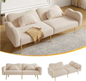 Sofa 2-osobowa rozkładana - 175 x 79 x 82 cm - z regulowanym oparciem - nogi metalowe w kolorze złotym - aksamit - beż
