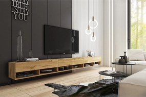 Nowoczesna szafka RTV 300 cm z LED – bezuchwytowa, dąb wotan, stojąca lub wisząca