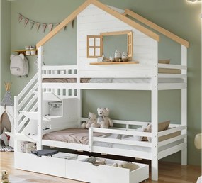 Łóżko piętrowe 90x200 cm - z schodami do przechowywania - z 2 szufladami - z dachem i oknami - Drewno lite + MDF - Białe + Naturalne