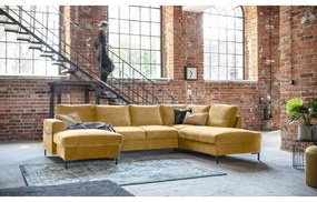 Musztardowożółta aksamitna rozkładana sofa w kształcie litery "U" Miuform Lofty Lilly, prawostronna