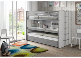 Biało-szare dziecięce łóżko piętrowe z wysuwanym łóżkiem, schowkiem i stelażem 90x200 cm Bonny – Vipack