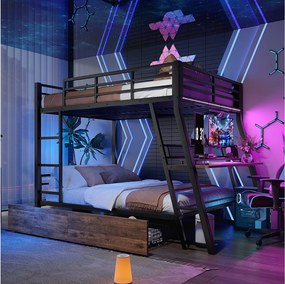 Łóżko piętrowe dla dzieci - 140 x 200 cm - rama żelazna - z diodami LED + 2 szuflady + biurko - Metal + MDF - czarne