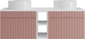 Wisząca, prążkowana szafka łazienkowa z wnękami i podwójną, okrągłą umywalką nablatową – Różowa – L140 cm – SATARA