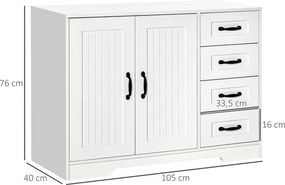 HOMCOM Komoda z 4 szufladami, szafka kuchenna z regulowaną półką, zabezpieczenie przed przewróceniem, kolor biały, 105 x 40 x 76 cm | Aosom PL