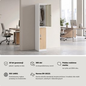 Szafka BHP ubraniowa, pracownicza, pojedyncza, 2 skrytki z drążkiem, biała/dąb sonoma, 316,5x1850x450 mm: IGOR 1 Plus Eco Design