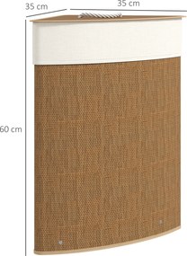 HOMCOM Kosz na pranie w kształcie narożnym z plecionki bambusa, 55 litrów, worek na ubrania, metalowa rama, Brązowy