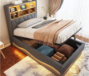 Łóżko dziecięce ze schowkiem 90x200 cm - z taśmą świetlną LED - z portem ładowania USB - len - szare (bez materaca)