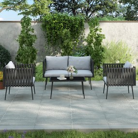 Outsunny Zestaw mebli ogrodowych dla 4 osób, odporny na warunki atmosferyczne, zestaw balkonowy z sofą dwuosobową, fotelami, stolikiem i poduszkami, Jasnoszary