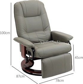HOMCOM Fotel Relaksacyjny TV Obracany 360°, Neigbar do 145°, Skóra Ekologiczna, Szary, 78 x 87 x 100 cm