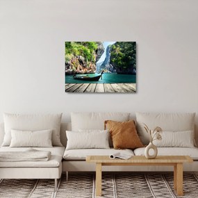 Obraz na szkle długiej łodzi na plaży (70x50 cm)