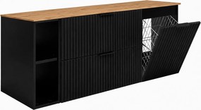 Zestaw szafek łazienkowych z koszem na pranie, Czarny / Blat Dąb Craft / Uchwyty Czarne, 140 x 57 x 46 cm