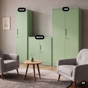 Szafa biurowa metalowa na akta, wąska, pastelowy zielony, 450x1850x400 mm: ALEX Fresh Style