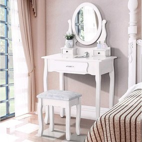 Toaletka z taboretem, 1 lustrem, lustrem obrotowym i 3 szufladami, biała