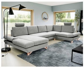 Narożna rozkładana sofa tapicerowana w kształcie U AVESTA, szara, z pojemnikiem na pościel