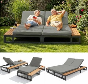Podwójny Leżak Ogrodowy z Bocznymi Półkami WPC - Łóżko Wypoczynkowe XXL 2 Osoby - Niezależnie Pochylne Oparcia - Szary